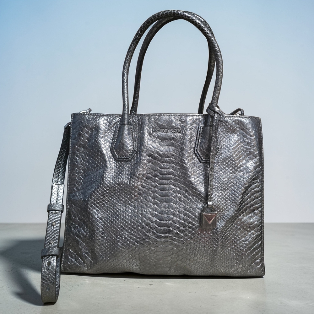 Michael Kors Mercer Medium Messenger Silver Snake Print Leather 3-in-1 Handbag